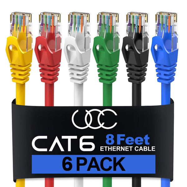Cat6 Ethernet Cable, 8 Feet (6 Pack) LAN, Utp Cat 6, RJ45, Network Cord, Patch, Internet Cable - 8 Ft