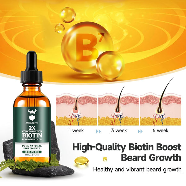 Beard Growth Oil - 2X Concentration Biotin Beard Oil for Men (2 oz) - Natural Mens Beard Oil with Argan Oil, Jojoba Oil and Vitamin, Beard Growth