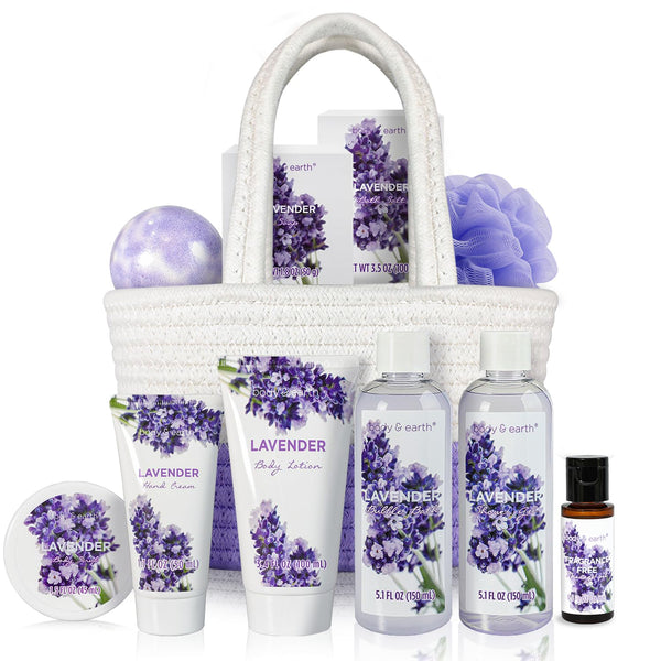 Spa Gift Baskets for Women - Body & Earth 11Pcs Lavender Gift Sets with Bubble Bath, Shower Gel, Body Lotion, Birthday Gifts for Women, Spa Kit