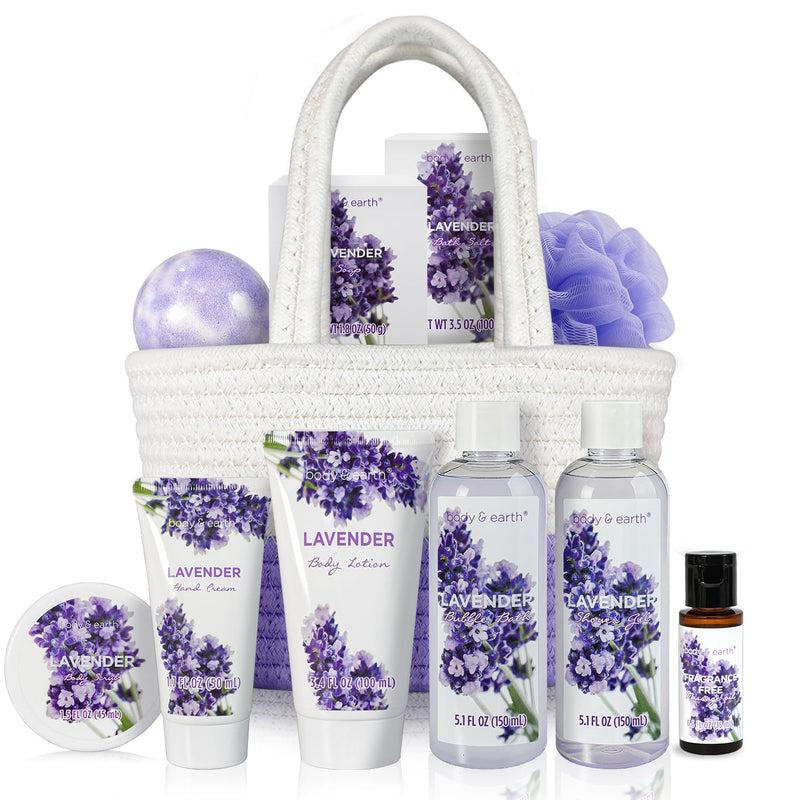 Spa Gift Baskets for Women - Body & Earth 11Pcs Lavender Gift Sets with Bubble Bath, Shower Gel, Body Lotion, Birthday Gifts for Women, Spa Kit