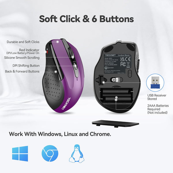 TECKNET Wireless Mouse, 2.4G Ergonomic Optical Mouse, Computer Mouse for Laptop, PC, Computer, Chromebook, Notebook, 6 Buttons, 24 Months Battery