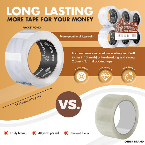 Industrial Grade Clear Packing Tape 12 Rolls - Extra Long 110 Yards per Roll - 2" Wide X 2.7 Mil Thick, Acrylic Adhesive Heavy Duty Tape for Box