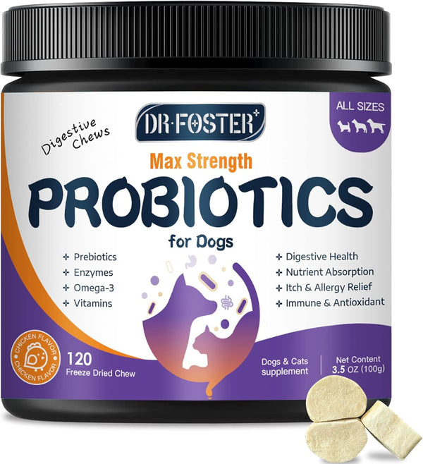 Probiotics for Dogs, Freeze-Dried Dog Probiotics and Digestive Enzymes, plus Omega-3 for Itchy Skin, 3-In-1 Prebiotics for Digestive Health, Dog