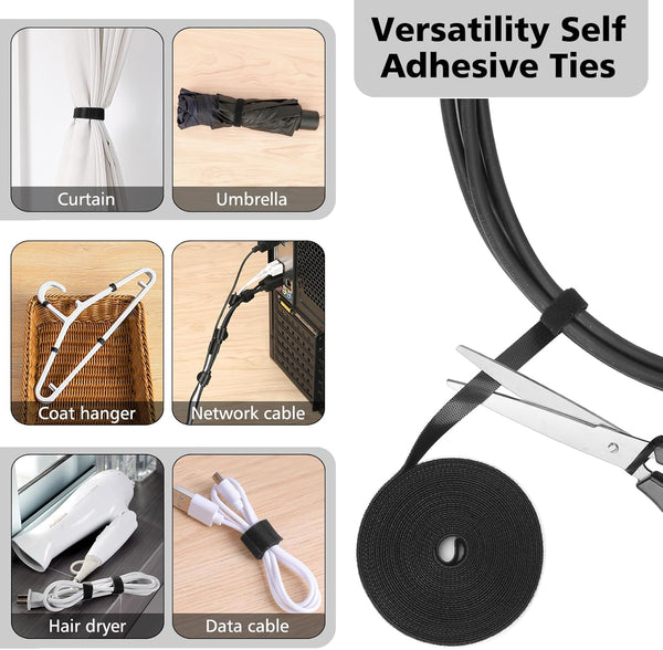 Cable Management Organizer Kit 2 Cable Sleeve Split with 41Self Adhesive Cable Clips Holder, 10Pcs and 2 Roll Self Adhesive Tie and 100 Fastening