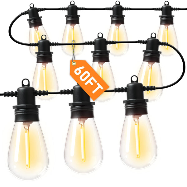 60FT LED Outdoor String Lights with 16+1 Edison Shatterproof IP65 Waterproof Bulbs, 2700K Dimmable Commercial Grade Patio Lights for Garden,
