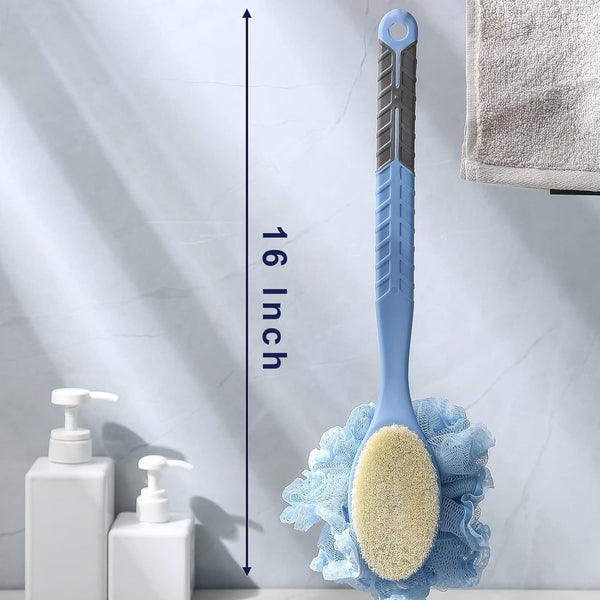[2Nd Generation] Shower Body Brush with Bristles and Loofah,Back Scrubber Bath Mesh Sponge with Curved 16" Long Non-Slip Handle Skin Exfoliating