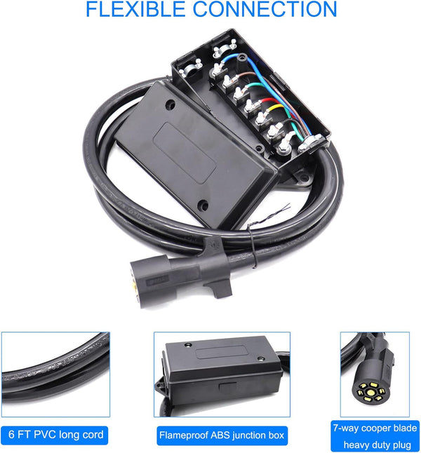 6 Foot 7 Pin Trailer Plug Wiring Harness 7 Way RV Trailer Cord Wire with 7 Gang Waterproof Junction Box
