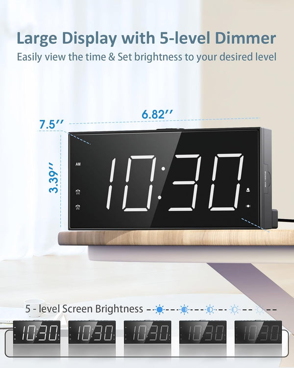 Loud Alarm Clock with Bed Shaker for Heavy Sleeper, Dual Vibrating Alarm Clock with USB Charger for Hearing-Impaired Deaf, 7.5ââ Large LED Display