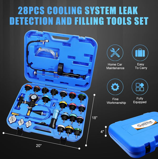 JIFETOR Radiator Pressure Leakage Tester Vacuum Cooling System Purge Coolant Refill Tool Kit 28PCS Universal Automotive Water Tank Leak Test