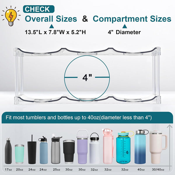 LARGER Compartment - Stackable Water Bottle Organizer Holder - for Stanley & Others' Large Tumbler - Clear Wine Rack, Cup Bottle Holder for
