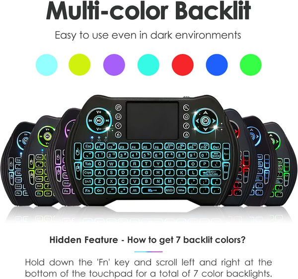 BL Mini Wireless Keyboard Remote Control with Touchpad Mouse Combo, Backlit 2.4Ghz Mini Keyboard Wireless USB Dongle Rechargeable Li-Ion Battery