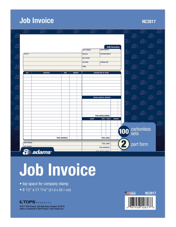Adams Job Invoice Forms, 2-Part Carbonless, for Service and Repair Billing, 100 Individual Sets per Pack (NC2817), White, 8-1/2 X 11Inches