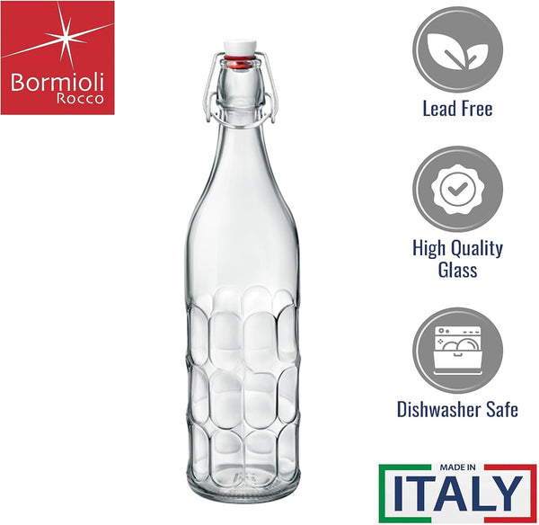 Bormioli Rocco Set of 2 Moresca Bottles, 33.75 Oz. Clear Textured Glass, with Swing Top Hermetic Lid, Leak Proof Water Bottle, Dishwasher Safe,