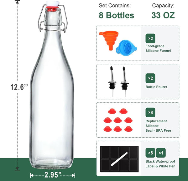 8 Pack [1 Liter / 33 Fl. Oz.] Swing Top Glass Bottles W/ Airtight Stopper Lids â Flip Top Brewing Bottle for Fermentation, Kombucha, Mead,
