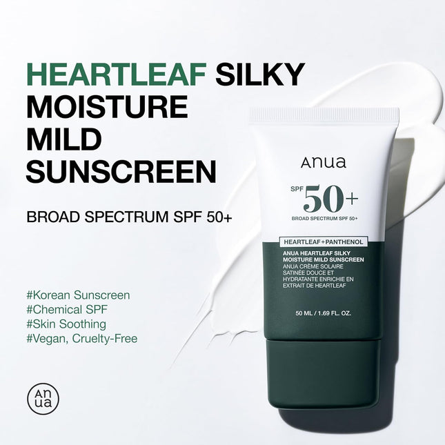 Anua Heartleaf Silky Moisture Mild Sunscreen, Broad Spectrum SPF 50+ with Moisturizing Formula, Lightweight Korean Sunsc