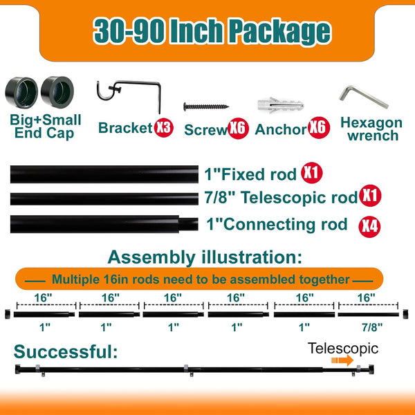 Heavy Duty Curtain Rods for Windows 48 to 84 Inch, 1 Inch Diameter Modern Adjustable Black Curtain Rod, Long Curtain Rod for Sliding Glass Door