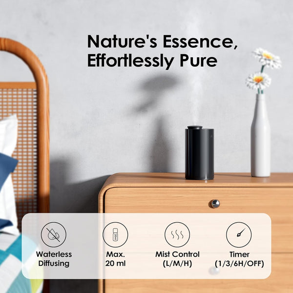 Waterless Diffuser for Essential Oil, Battery Operated Nebulizer, 0.7 Fl.Oz./ 20Ml Capacity, Mini Scent Air Machine, 3 Countdown Timers & 3 Mist