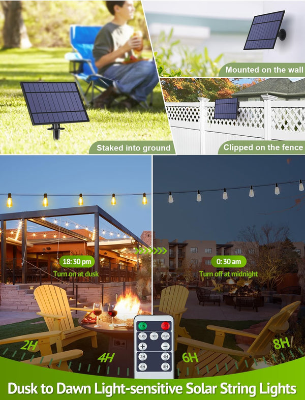 48FT Solar String Lights Outdoor with Remote, Waterproof Dimmable Patio Lights with 18+1 LED ST38 Bulbs 3 Modes Hanging Lighting for Backyard