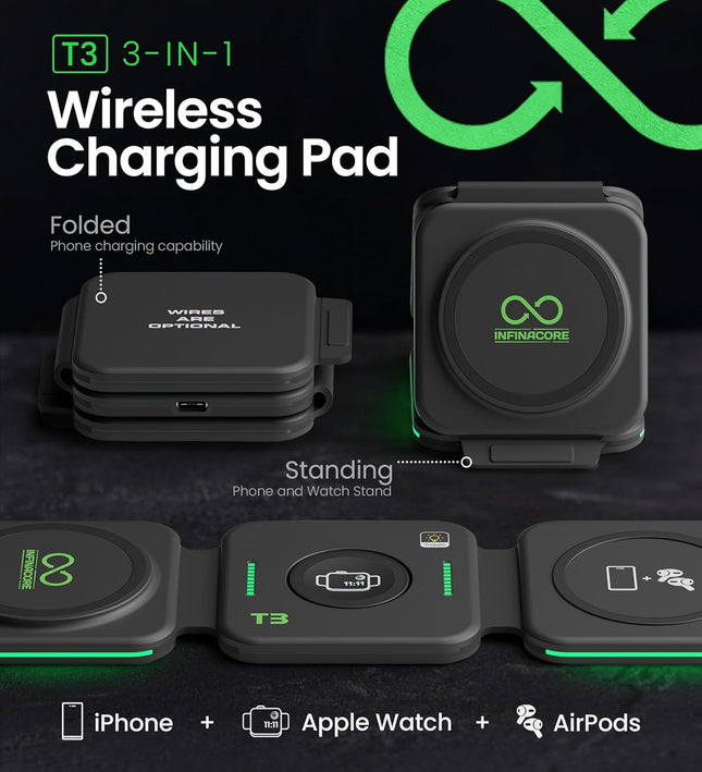 Infinacore 3-In-1 Charging Station for Apple Devices - Travel Essentials- Magnetic Wireless Travel Charger - Foldable Ch