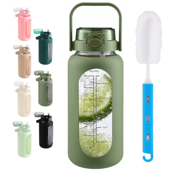 SIEROZUR 64Oz Glass Water Bottle with Straw and Handle Lid Half Gallon Motivational Glass Bottle with Silicone Sleeve and Time Marker Large