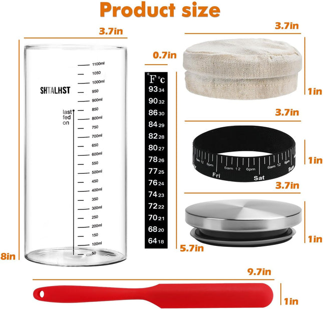Sourdough Starter Jar Kit-1100Ml/39Oz, Sourdough Starter Kit, Sour Dough Starter Jar with Stainless Steel Lid, Thermomet