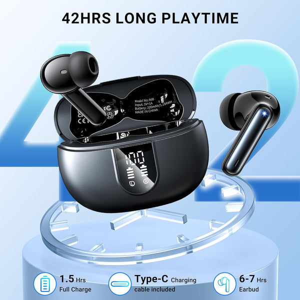 Wireless Earbuds Headphones Bluetooth 5.3 with 4 ENC Noise Cancelling Mics,Hi-Fi Stereo in Ear Ear Buds with LED Screen,42H Duration Playback,Ipx6