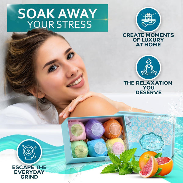 Bath Bombs Gift Set - 6 XXL Bubble Bath Fizzies (4.1 Oz Each) with Natural Dead Sea Salt Cocoa and Shea Essential Oils - Best Gift Idea for