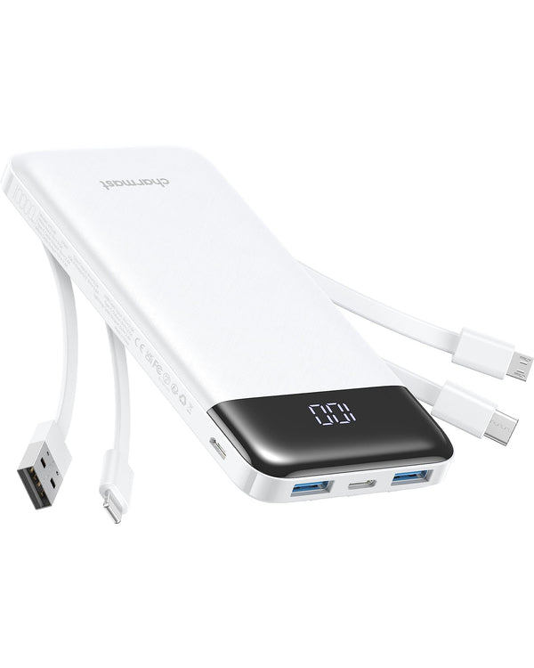 Portable Charger with Built in Cables, Portable Charger with Cords Wires Slim 10000Mah Travel Battery Pack 6 Outputs 3 Inputs 3A Fast Charging