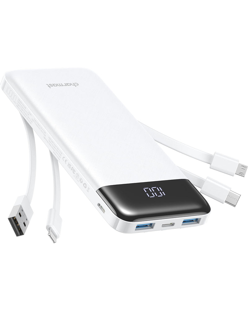 Portable Charger with Built in Cables, Portable Charger with Cords Wires Slim 10000Mah Travel Battery Pack 6 Outputs 3 Inputs 3A Fast Charging