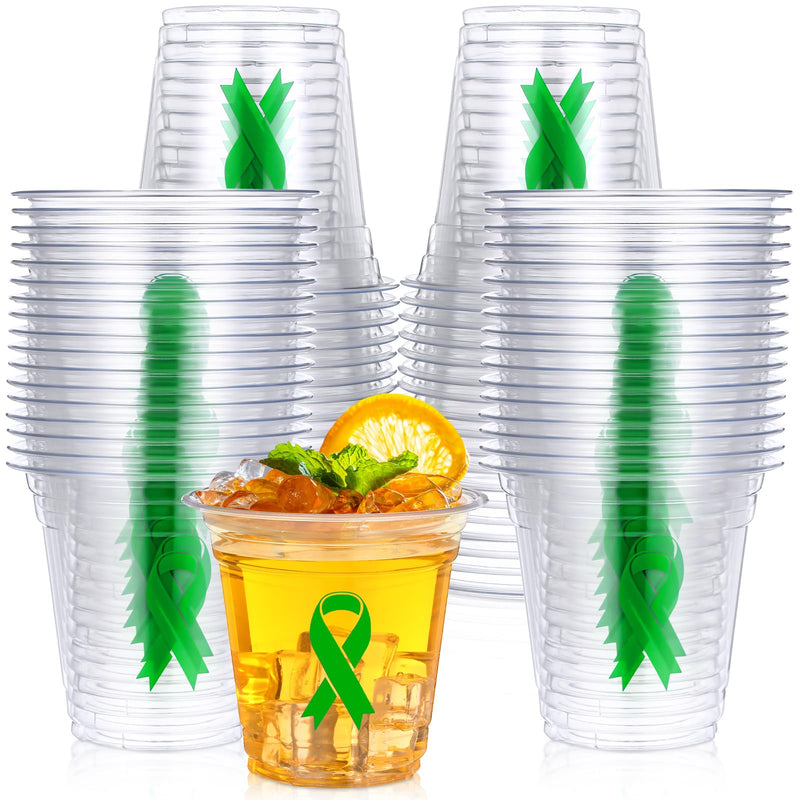 Baderke 50 Pcs Mental Health Awareness Green Ribbon Plastic Cups Bulk Disposable 12Oz Liver Cancer Awareness Plastic Cups for Transplant Bipolar