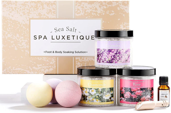 Spa Luxetique Bath Salts, 8Pcs Bath Salts Gift Set with Argan Oil, Bath Bombs, Wooden Scoop, Epsom Salt for Soaking in Lavender, Rose, Chamomile
