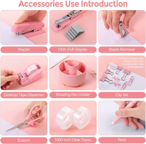 SKYDUE Pink Desk Accessories 10Pcs, 360-Degree Rotating Pen Holder, Stapler, Staple Remover, Tape Dispenser,2Pcs Tape Refills, Binder Paper Clips