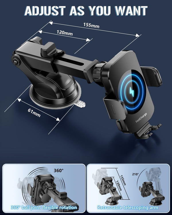 Wireless Car Charger, Fast Charging Phone Holder 3 in 1 Phone Mount Auto Clamping Car Accessories Compatible with Iphone 16 15 14 13 12 11 Xs XR,