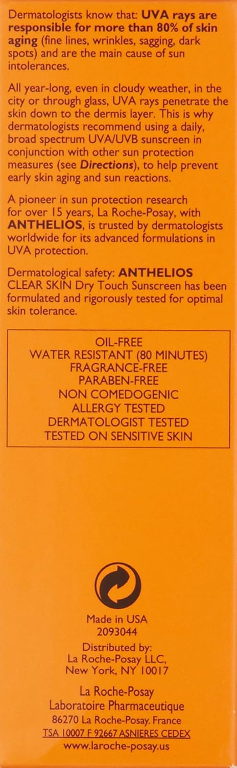 La Roche-Posay Anthelios Clear Skin Sunscreen Dry Touch SPF 60, Oil Free Sunscreen For Face, Oil Absorbing, Broad Spectrum SPF + Antioxidants,