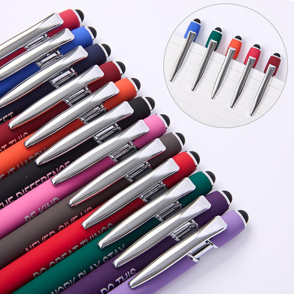 Funny Pens - 12 Pack Fine Point Smooth Writing Pens with Inspirational Tips, Black Ink, Touch Stylus Screens, Motivational Gift for Office & Desk