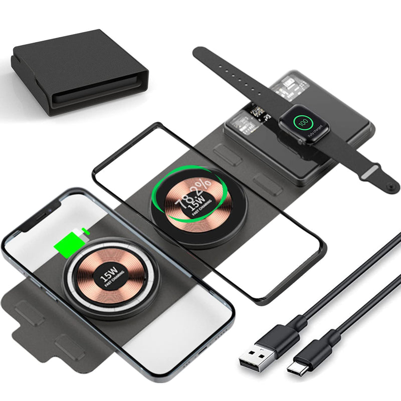 [Dual 15W] Foldable Fast Wireless Charger, 3 in 1 Travel Magnetic Wireless Charger, Wireless Charging Pad Compatible with Mag-Safe Charger for