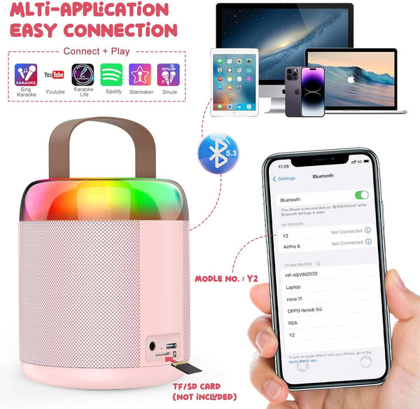 Mini Karaoke Machine for Kids Portable Bluetooth 5.3 Speaker Led Lights with 2 Wireless Microphones Karaoke Gifts for Girls Boys Audlt Birthday