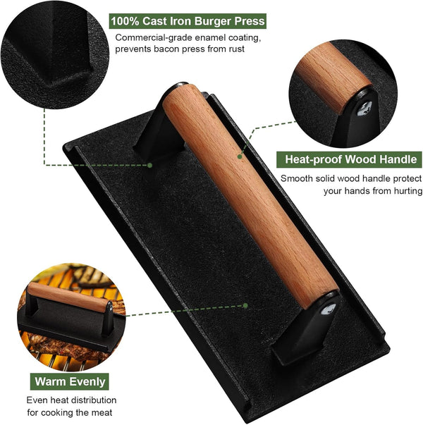 EWFEN Burger Press, 7" round & 8.2"X4.3" Rectangle Heavy-Duty Cast Iron Smash Bacon Press Meat Steak with Wood Handle for Griddle, Sandwich,