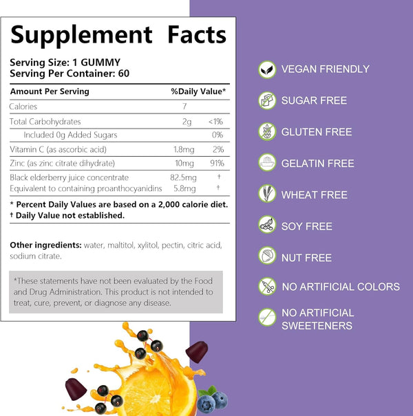 AFXMATE Sambucus Elderberry Gummies, Black Elderberry Gummy with Zinc and Vitamin C for Adults, Sugar Free Kids Multivitamin Gummies Immune