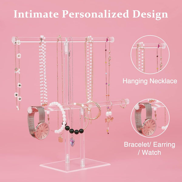 Jewelry Stand Necklace Holder, Acrylic Jewelry Display Holder, Necklace and Bracelet Hanging Organizer, Clear 2-Tier Tower Stand for Bangles,