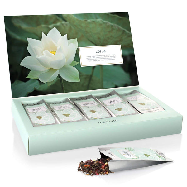 Tea Forte Lotus Single Steeps Loose Leaf Premium Tea Gift Set Sampler, 15 Count 3 of Each Assorted Blends, Pre-Portioned Single Serve Pouches,