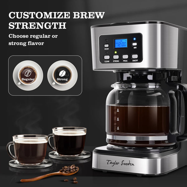 Taylor Swoden 12-Cup Programmable Coffee Maker, Regular & Strong Brew Drip Coffee Machine for Home and Office, Glass Carafe, Pause & Serve, Auto
