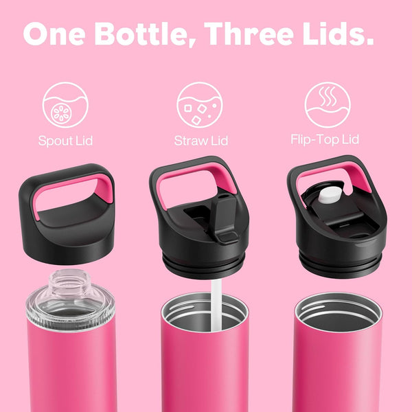 24 Oz Insulated Water Bottle for Sports: 3 Lids, Leakproof, Keep Cold 24H, Car Cupholder Friendly, Stainless Steel Water Flask with Straw and