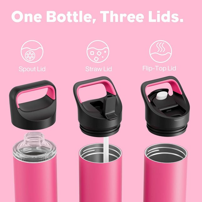 24 Oz Insulated Water Bottle for Sports: 3 Lids, Leakproof, Keep Cold 24H, Car Cupholder Friendly, Stainless Steel Water