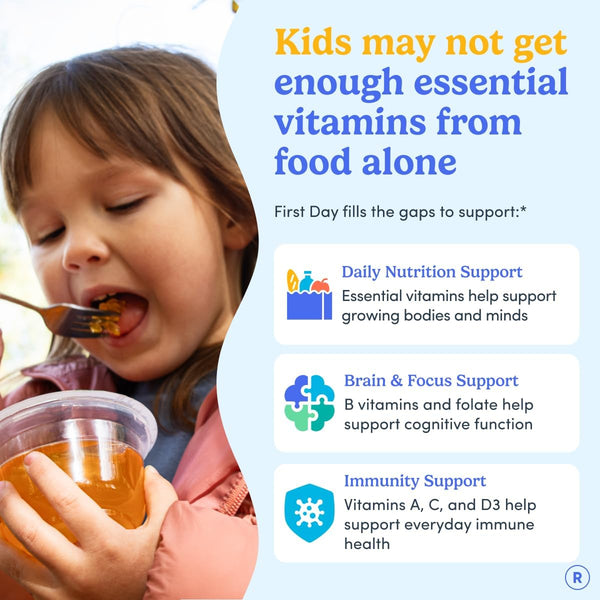 First Day Kids Multivitamin Gummies - Multivitamin for Kids Ages 4+, Delicious Strawberry & Orange, Beta Carotene, Fruit & Vegetables - Childrens