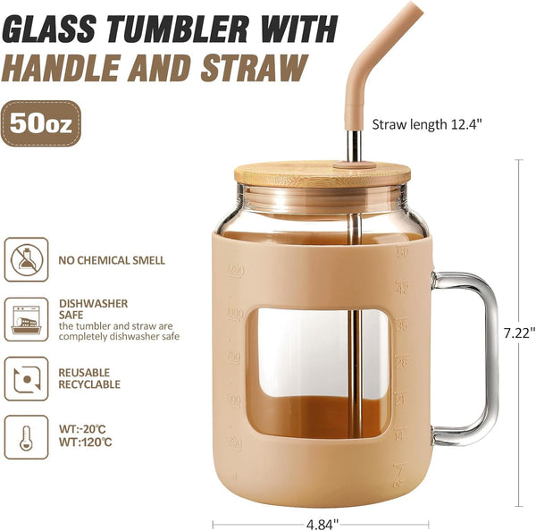32 Oz Glass Tumbler with Lid and Straw,Glass Water Bottles with Handle,Glass Cup with Time Marker and Silicone Sleeve, Fits in Cup Holder BPA