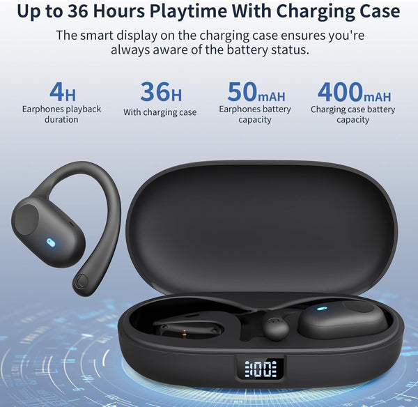 Open Ear Headphones, Bluetooth Headphones 5.3 Sports with Smart Digital Display, 36H Playtime, IP54 Waterproof, Wireless Earbuds Lightweight