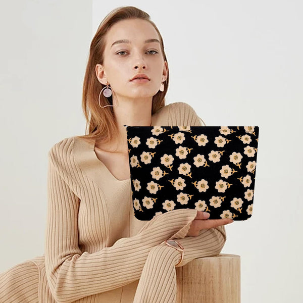 Cosmetic Bag Makeup Bag Preppy Cute Corduroy Toiletry Bag for Women Travel Essentials (Full Beige)