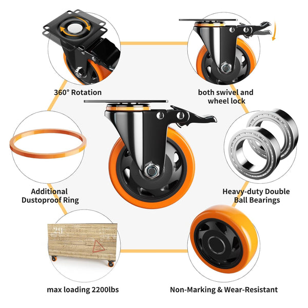 4 Inch Caster Wheels, Casters Set of 4, Heavy Duty Casters with Brake 2200 Lbs, Locking Industrial Swivel Top Plate Casters Wheels for Furniture