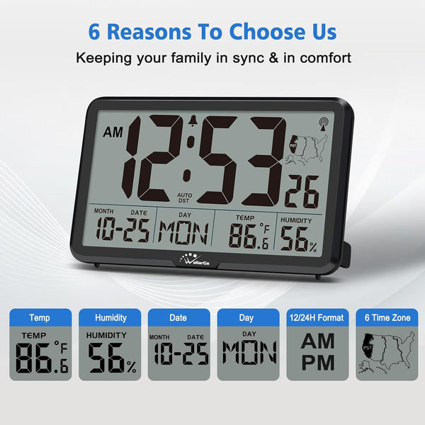 Wallarge Atomic Clock with Indoor Outdoor Temperature, Self-Setting Digital Wall Clock Battery Operated, 4 Time Zones, DST